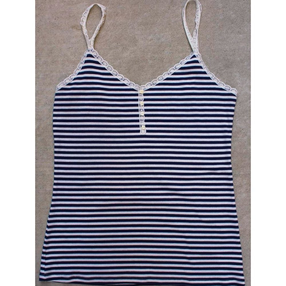 Old Navy Striped Top Navy Blue & White Stripe Lace Trim XL/TO